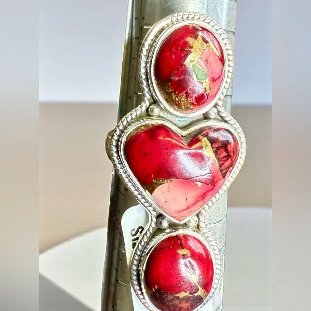 Sterling Silver Red Dahlia Turquoise Triple Stone Statement Ring – Size 8 (10.4g